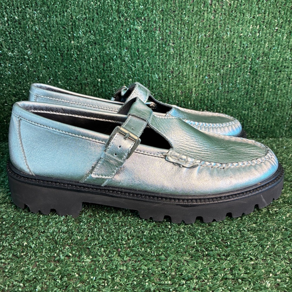 NEW G.H. Bass & Co. Weejuns Mary Jane Lug Metallic Leather Loafer Silver Women 9